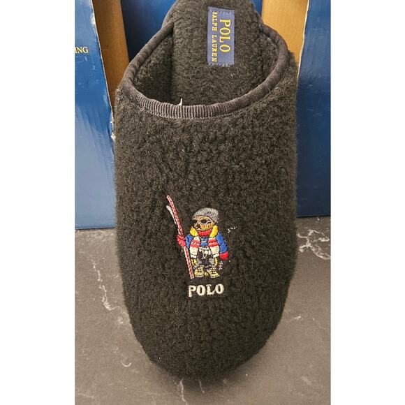 Polo Ralph Lauren Women's kayleigh Ski Bear Black Sherpa Fleece Scuff Slippers 9 - Picture 3 of 7